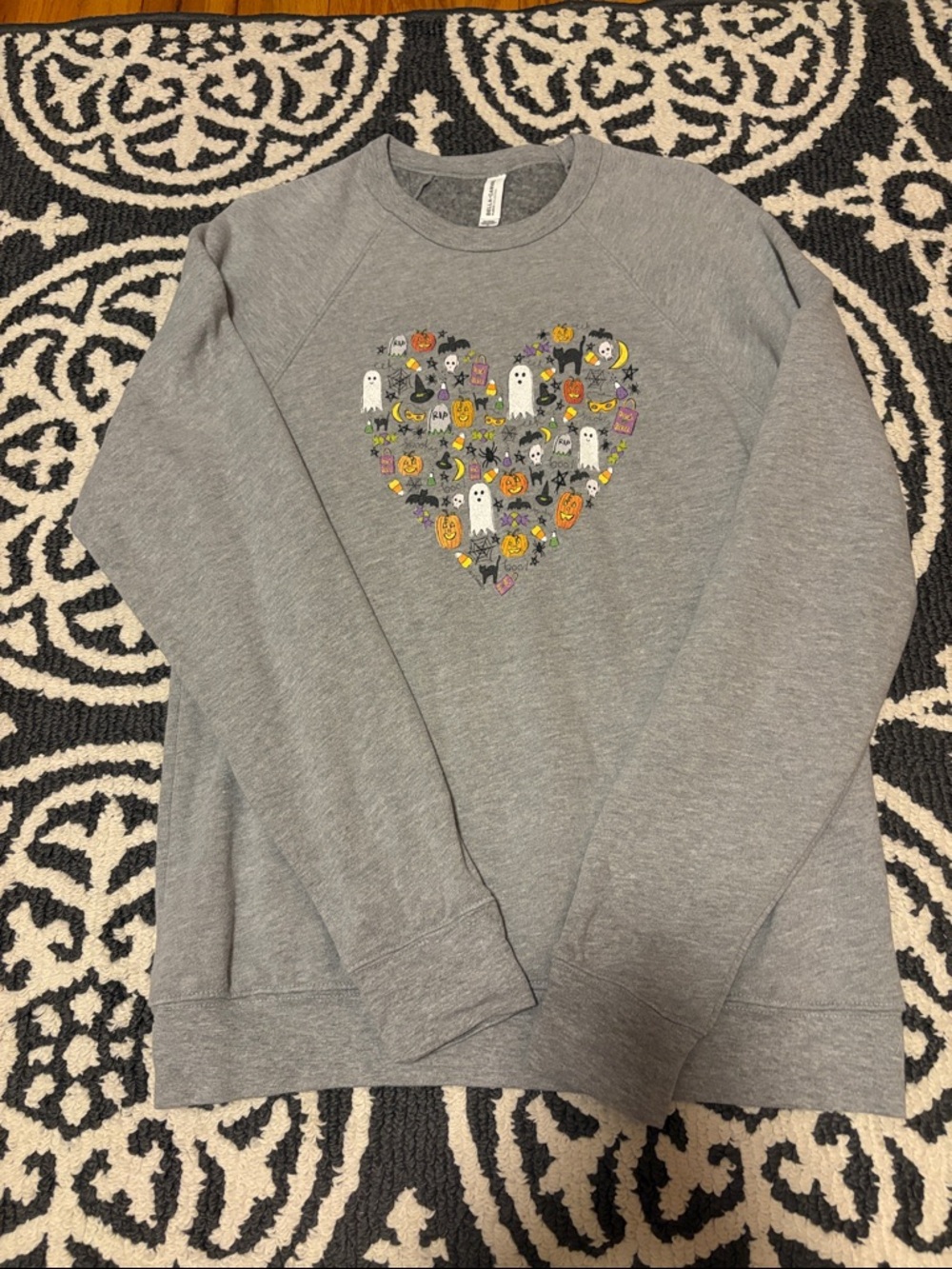 Gray Halloween Heart Sweatshirt with Orange, Black & White Accents